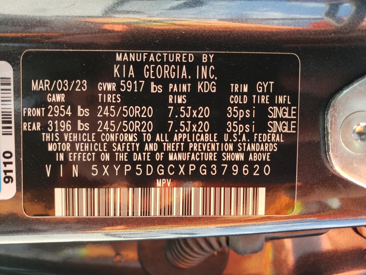 2023 KIA TELLURIDE SX VIN:5XYP5DGCXPG379620