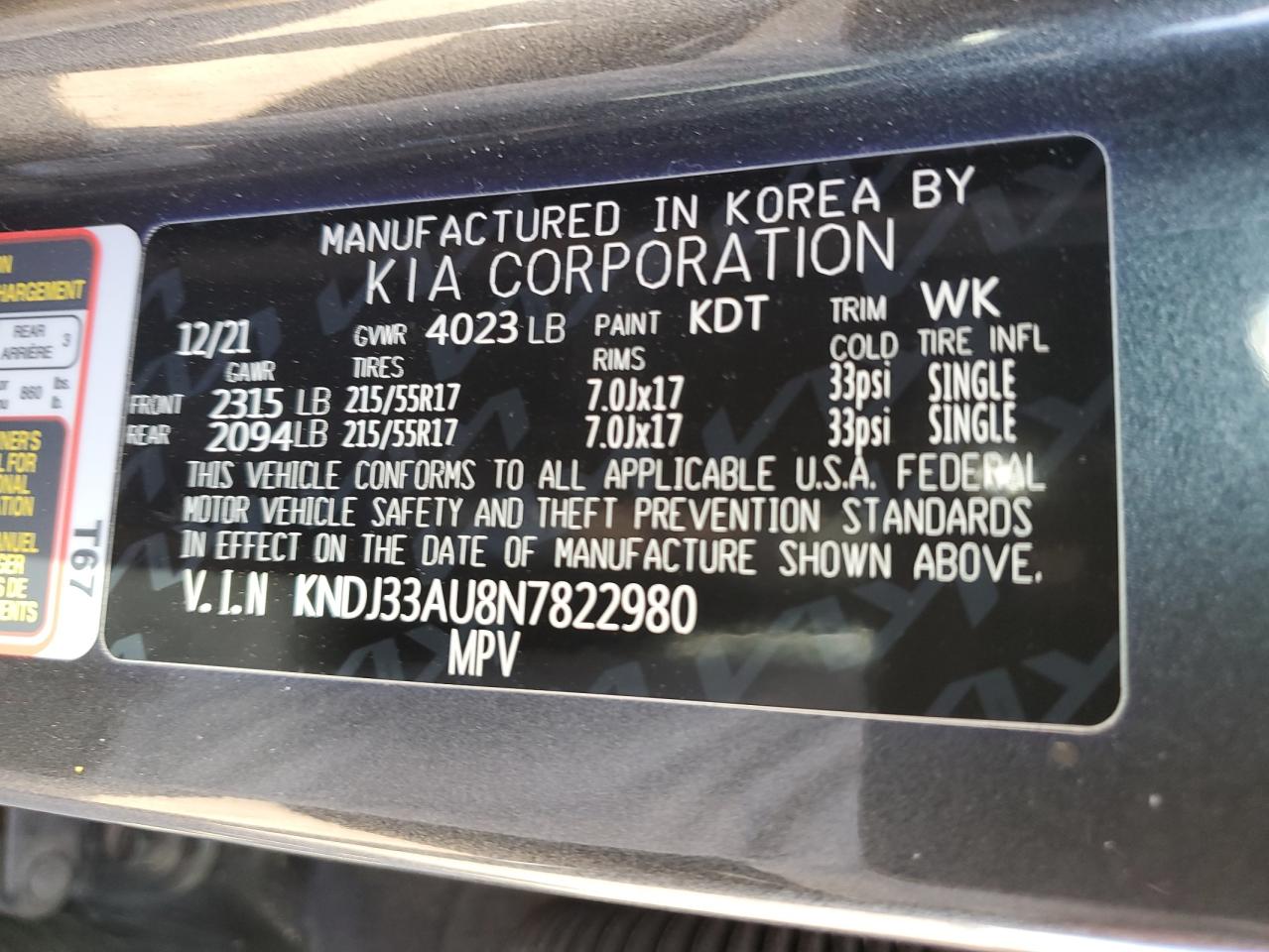 2022 KIA SOUL EX VIN:KNDJ33AU8N7822980