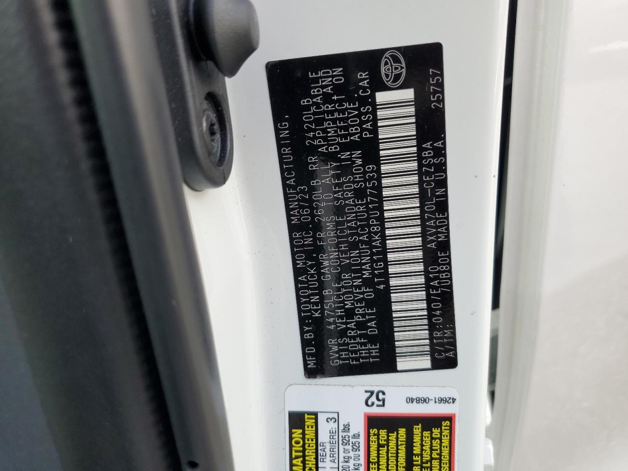 2023 TOYOTA CAMRY SE NIGHT SHADE VIN:4T1G11AK8PU177539