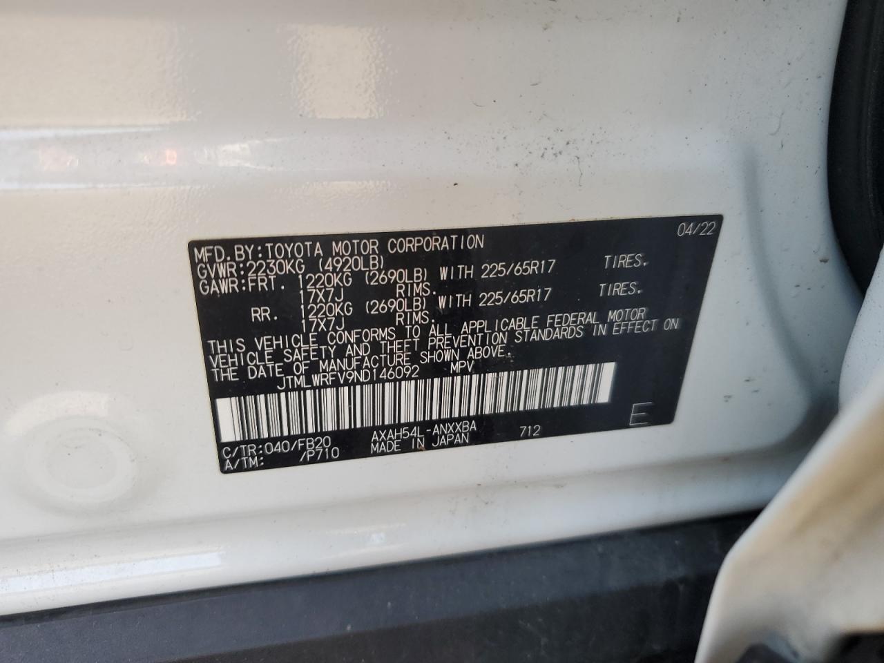 2022 TOYOTA RAV4 LE VIN:JTMLWRFV9ND146092
