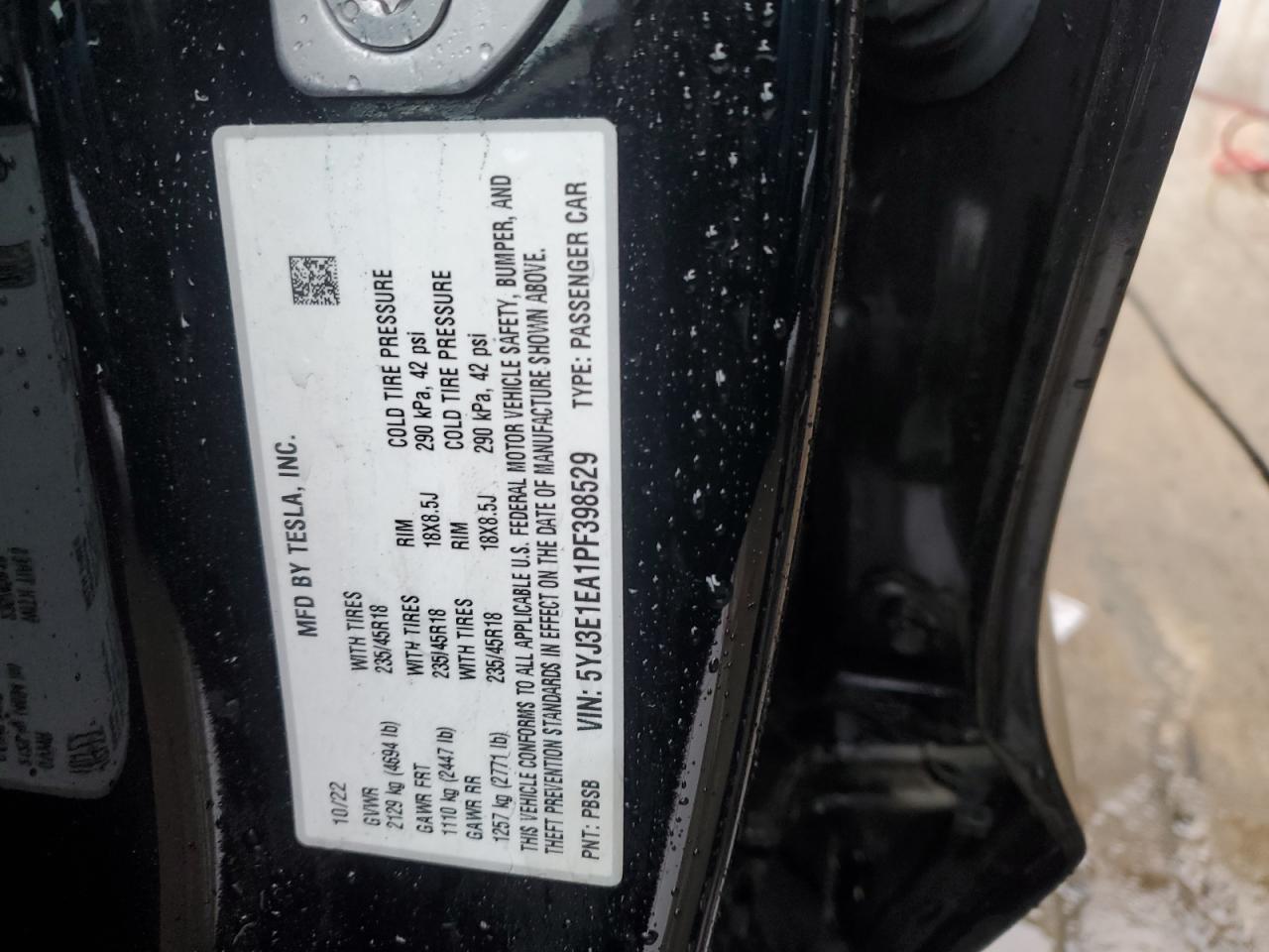 2023 TESLA MODEL 3  VIN:5YJ3E1EA1PF398529