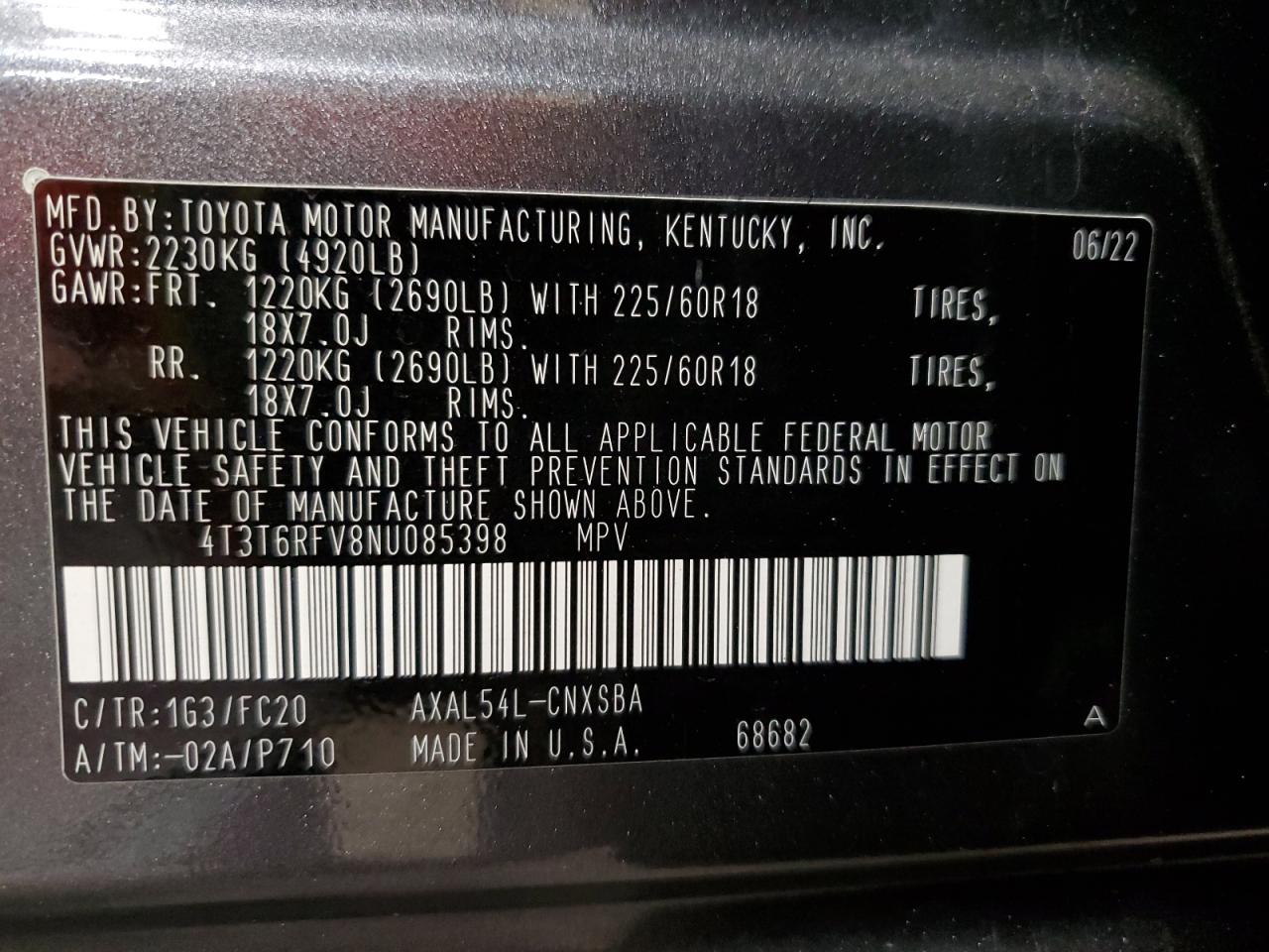 2022 TOYOTA RAV4 SE VIN:4T3T6RFV8NU085398