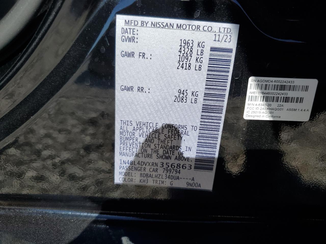 2024 NISSAN ALTIMA SV VIN:1N4BL4DVXRN356863