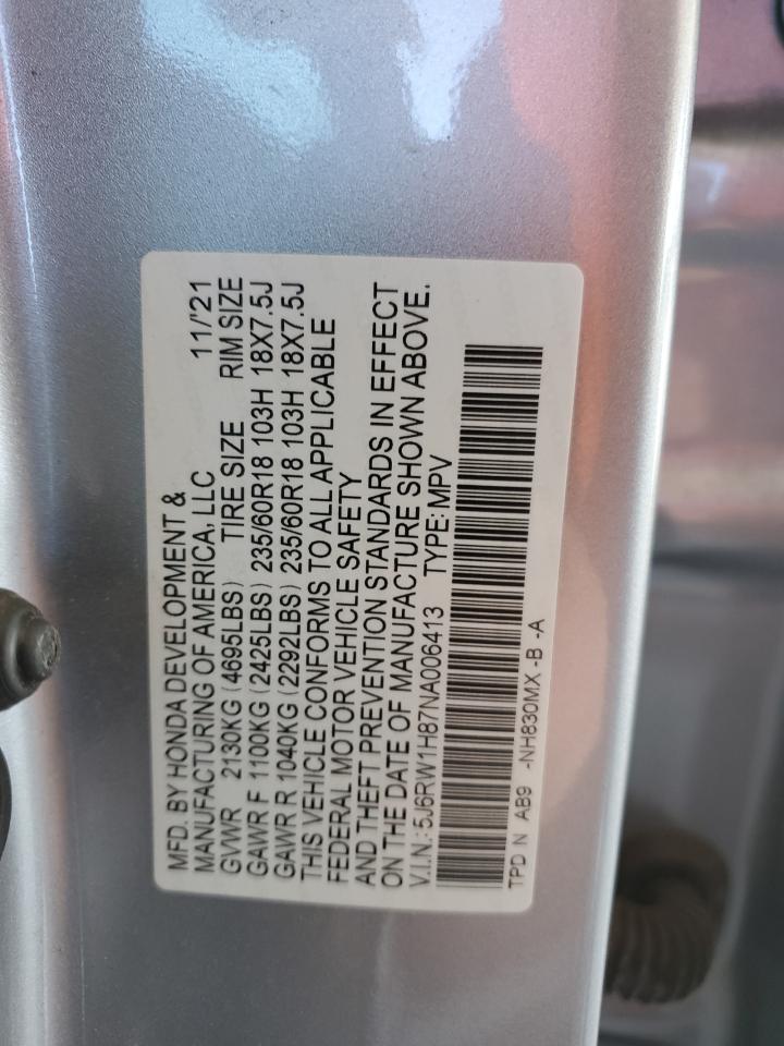 2022 HONDA CR-V EXL VIN:5J6RW1H87NA006413