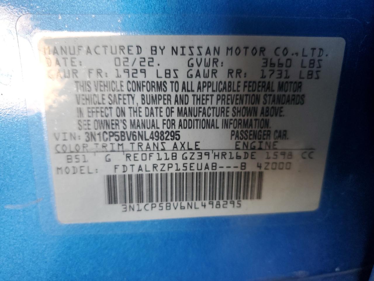2022 NISSAN KICKS S VIN:3N1CP5BV6NL498295