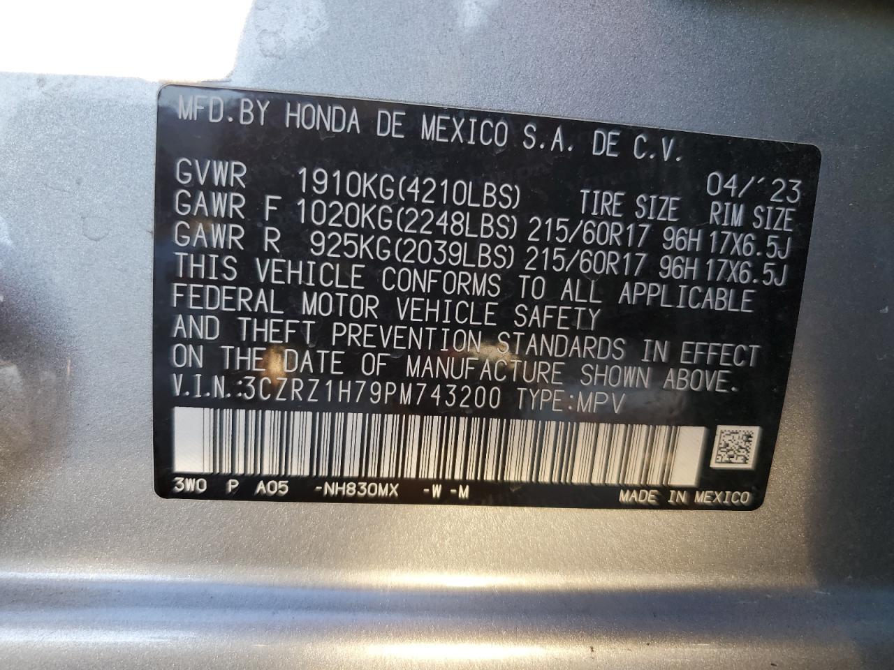 2023 HONDA HR-V EXL VIN:3CZRZ1H79PM743200