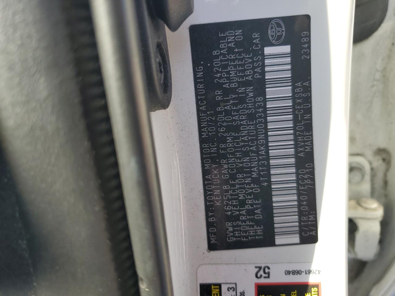 2022 TOYOTA CAMRY NIGHT SHADE VIN:4T1T31AK9NU033438