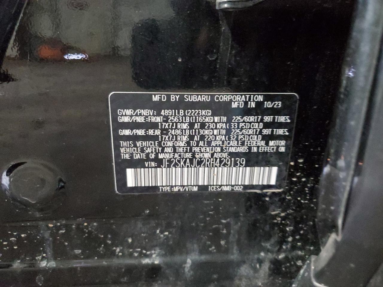 2024 SUBARU FORESTER WILDERNESS VIN:JF2SKAJC2RH429139