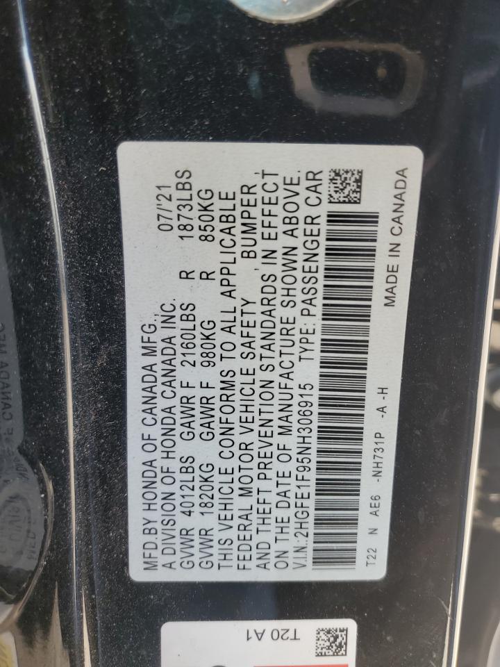 2022 HONDA CIVIC TOURING VIN:2HGFE1F95NH306915
