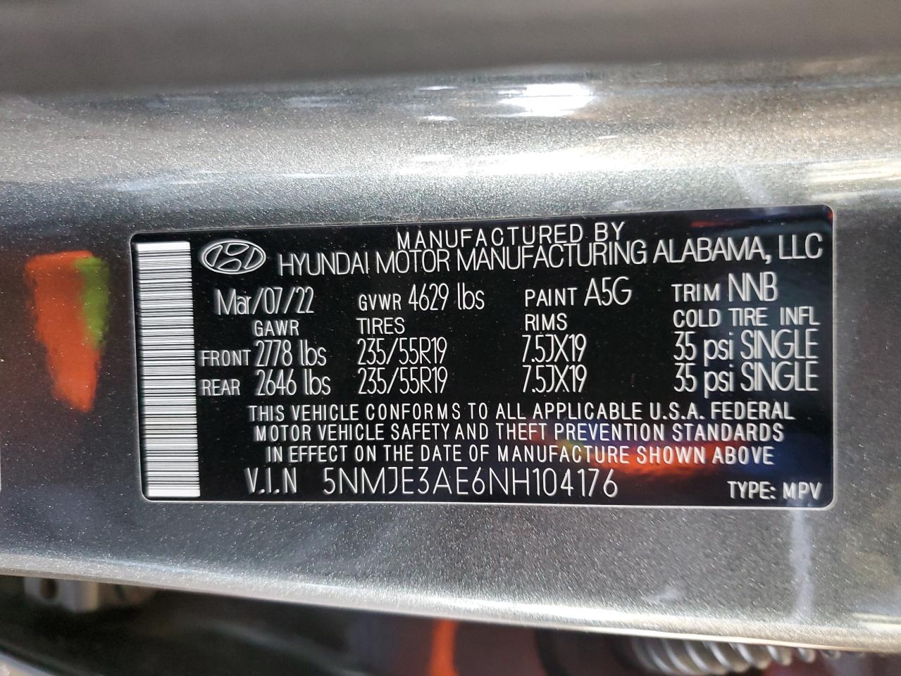 2022 HYUNDAI TUCSON LIMITED VIN:5NMJE3AE6NH104176