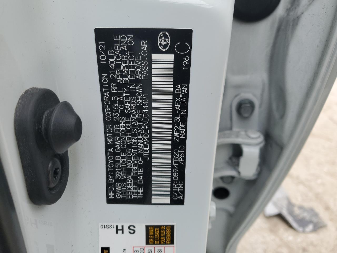 2022 TOYOTA COROLLA LE VIN:JTDEAMDE9NJ044421