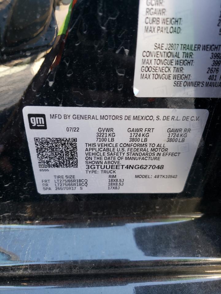 2022 GMC SIERRA K1500 AT4 VIN:3GTUUEET4NG627048