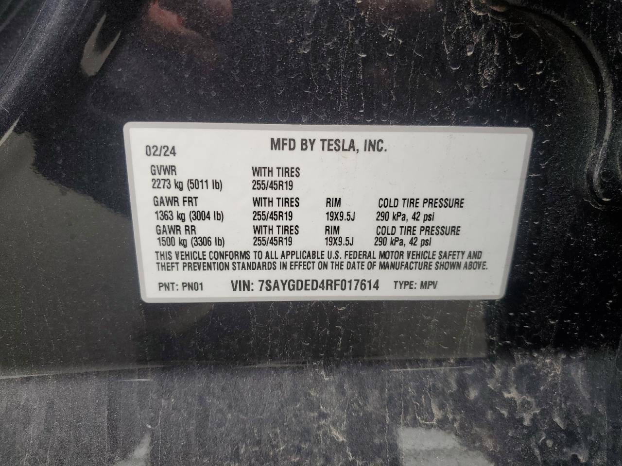 2024 TESLA MODEL Y  VIN:7SAYGDED4RF017614