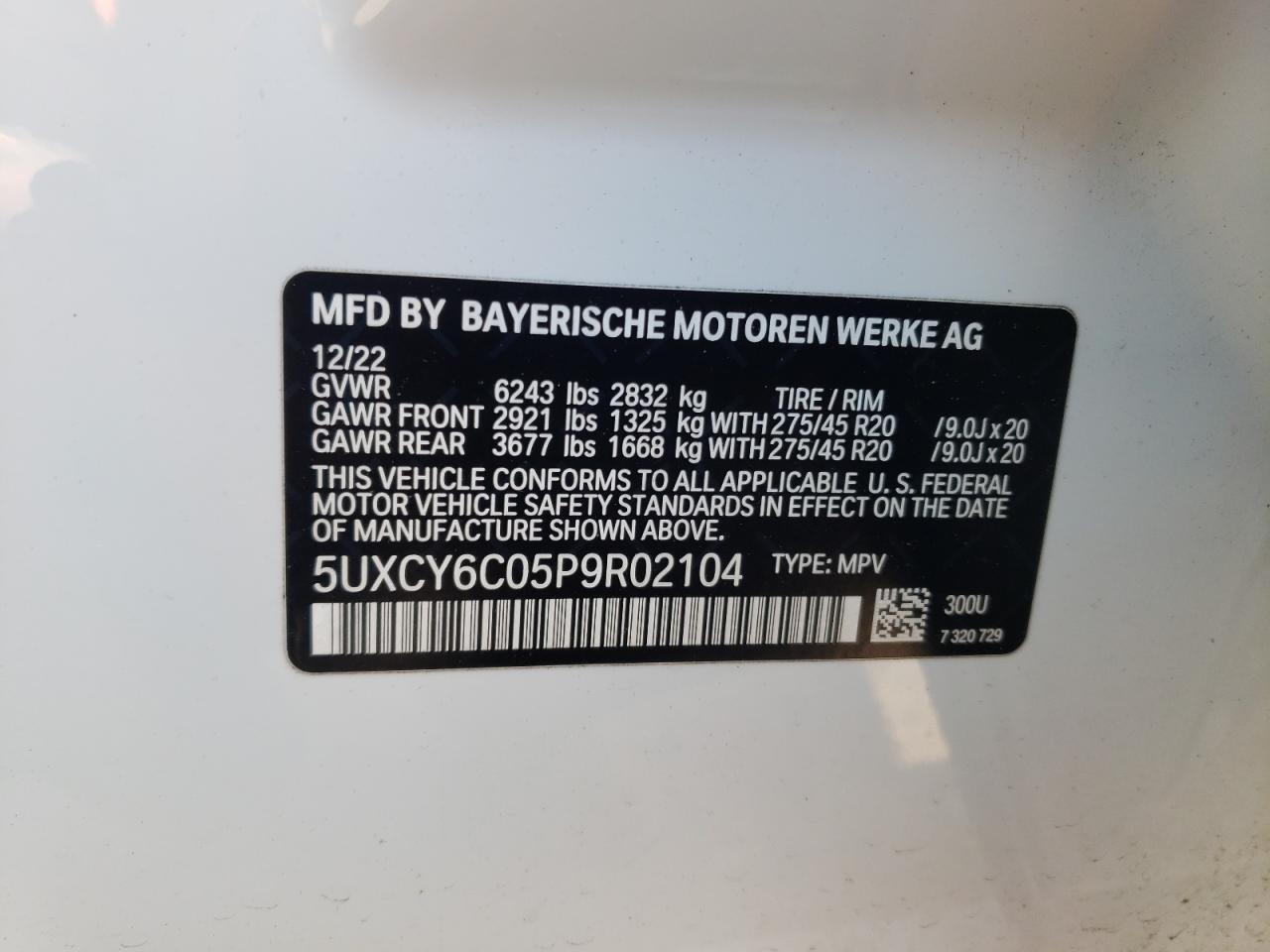 2023 BMW X6 XDRIVE40I VIN:5UXCY6C05P9R02104