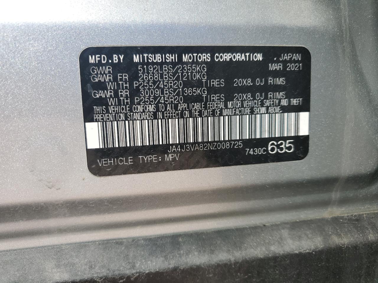 2022 MITSUBISHI OUTLANDER SEL VIN:JA4J3VA82NZ008725