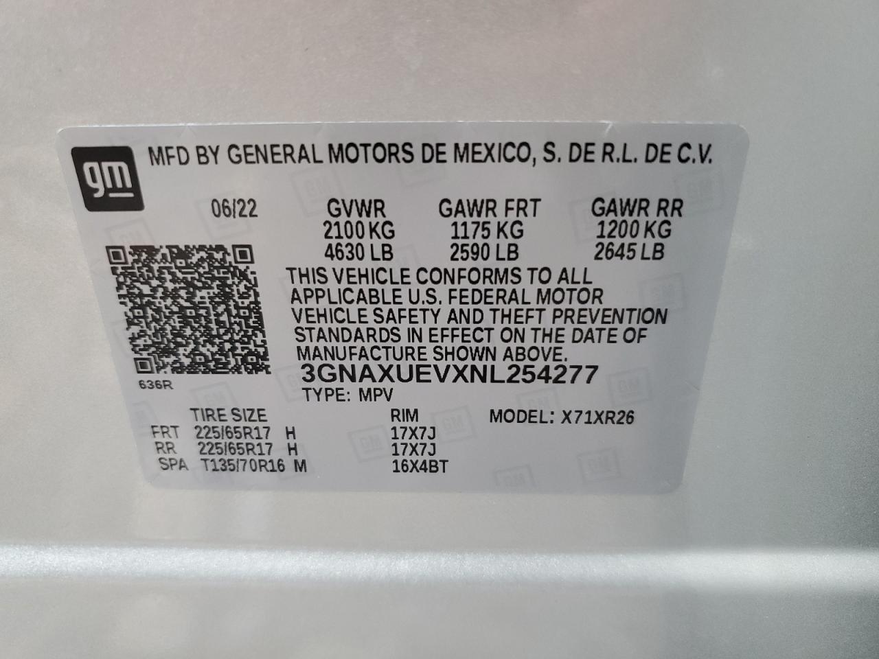 2022 CHEVROLET EQUINOX LT VIN:3GNAXUEVXNL254277