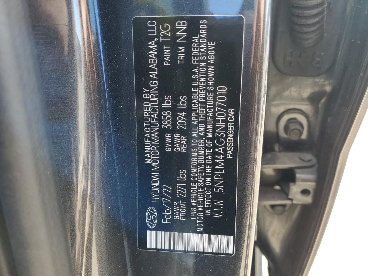 2022 HYUNDAI ELANTRA SEL VIN:5NPLM4AG3NH077010