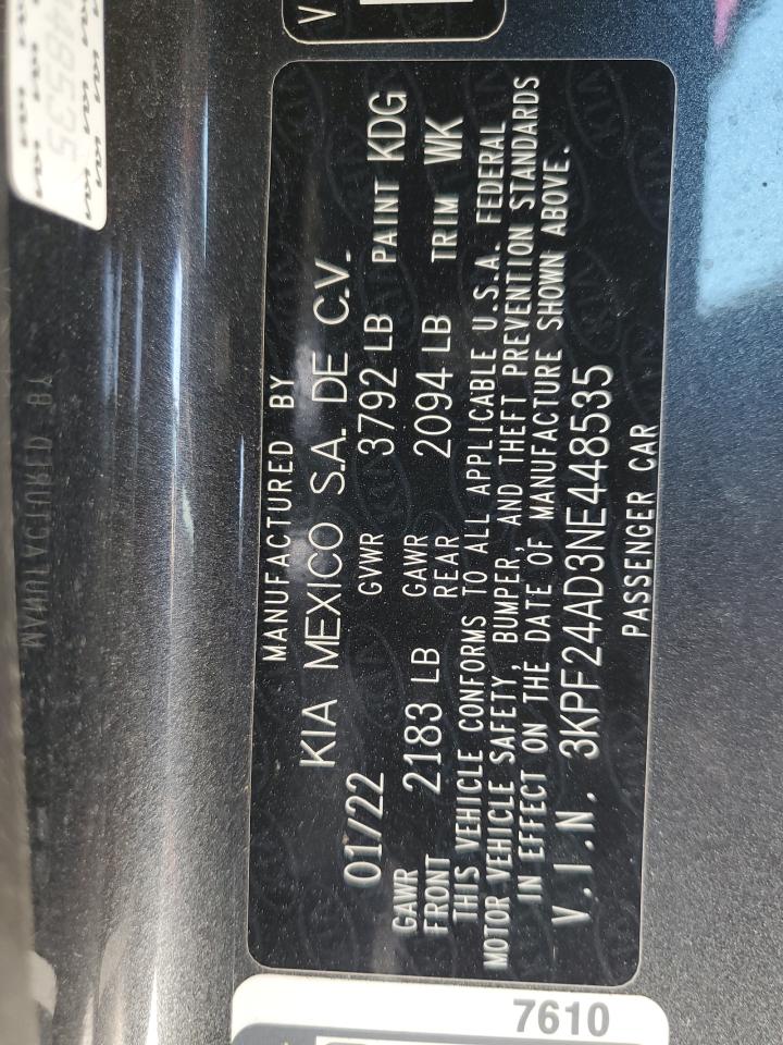2022 KIA FORTE FE VIN:3KPF24AD3NE448535