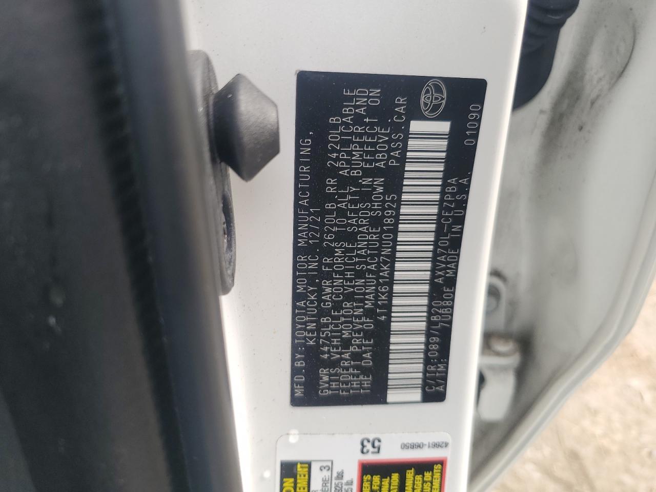 2022 TOYOTA CAMRY XSE VIN:4T1K61AK7NU018925