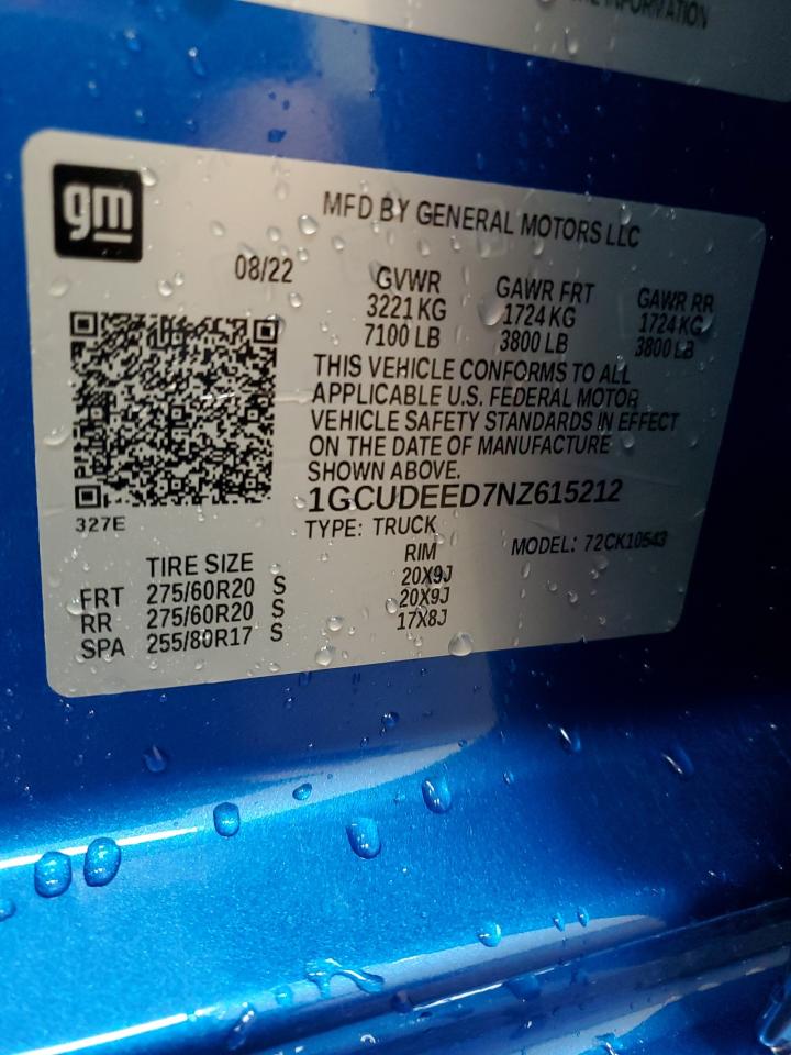 2022 CHEVROLET SILVERADO K1500 RST VIN:1GCUDEED7NZ615212