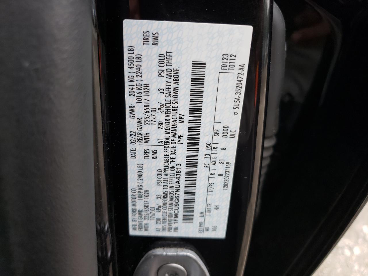 2022 FORD ESCAPE SE VIN:1FMCU9G67NUA43813
