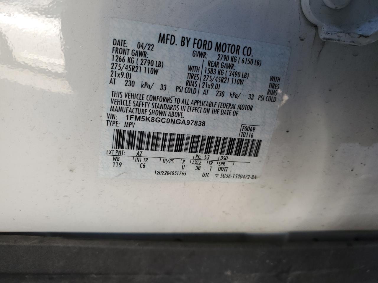 2022 FORD EXPLORER ST VIN:1FM5K8GC0NGA97838