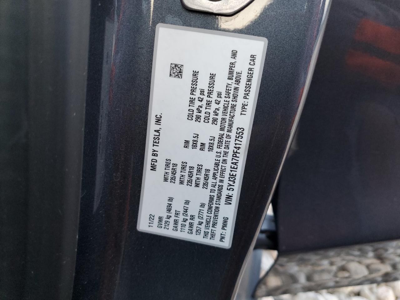 2023 TESLA MODEL 3  VIN:5YJ3E1EA7PF417553