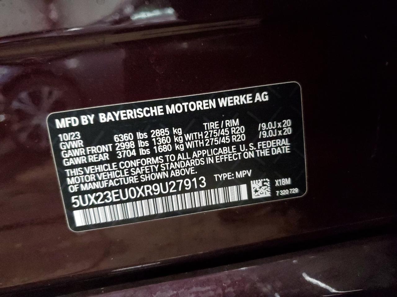 2024 BMW X5 XDRIVE40I VIN:5UX23EU0XR9U27913