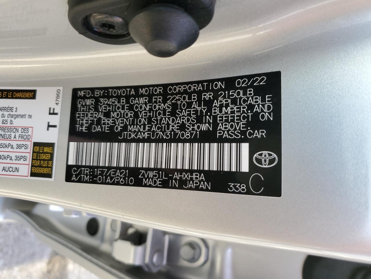 2022 TOYOTA PRIUS NIGHT SHADE VIN:JTDKAMFU7N3170871