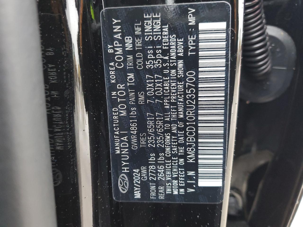 2024 HYUNDAI TUCSON BLUE VIN:KM8JBCD10RU235700