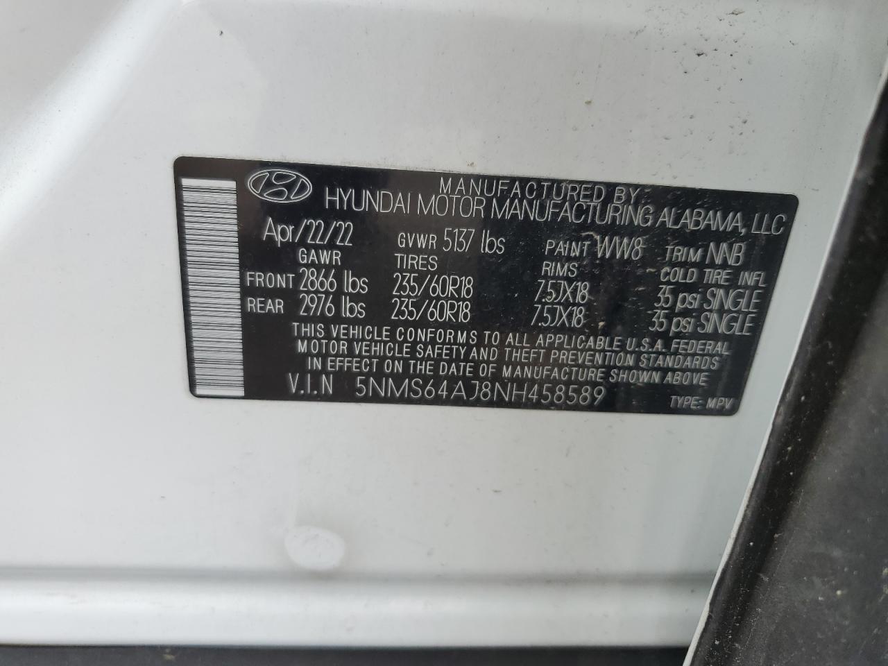 2022 HYUNDAI SANTA FE SEL VIN:5NMS64AJ8NH458589