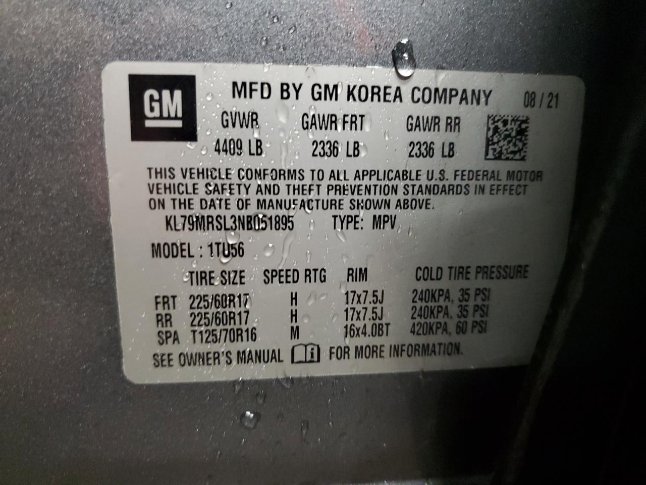 2022 CHEVROLET TRAILBLAZER LT VIN:KL79MRSL3NB051895