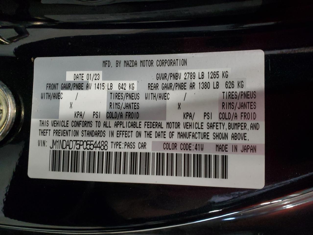 2023 MAZDA MX-5 MIATA GRAND TOURING VIN:JM1NDAD75P0554488