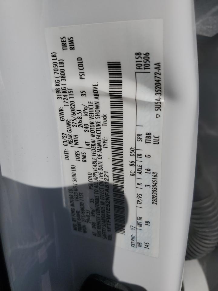 2022 FORD F150 SUPERCREW VIN:1FTFW1E52NFA81221