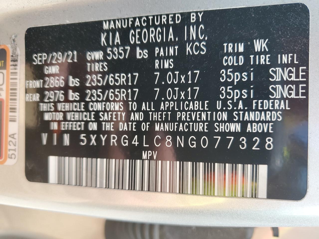2022 KIA SORENTO LX VIN:5XYRG4LC8NG077328
