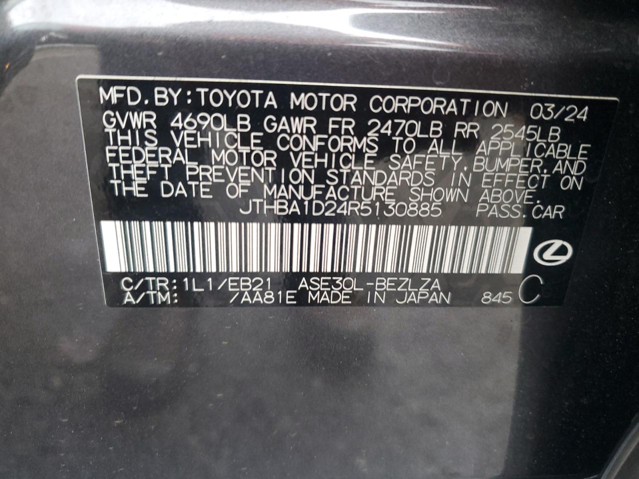 2024 LEXUS IS 300 VIN:JTHBA1D24R5130885