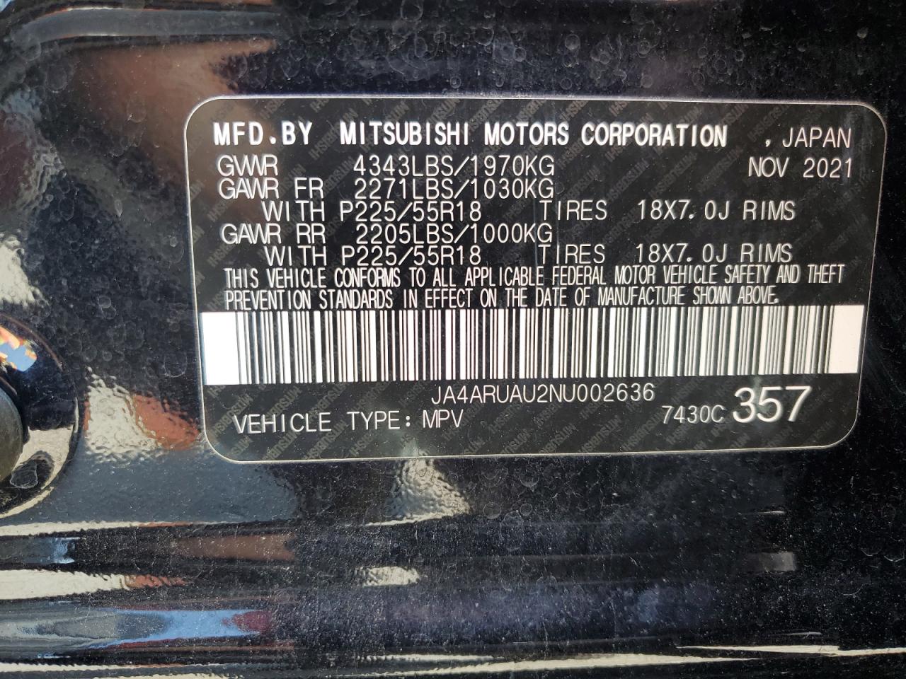 2022 MITSUBISHI OUTLANDER SPORT ES VIN:JA4ARUAU2NU002636