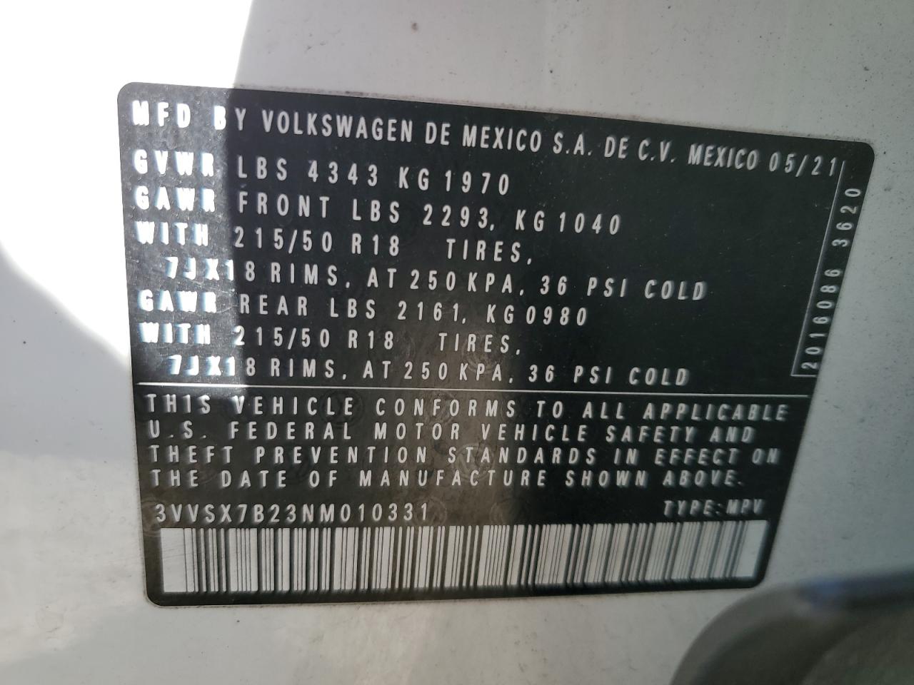 2022 VOLKSWAGEN TAOS SE VIN:3VVSX7B23NM010331