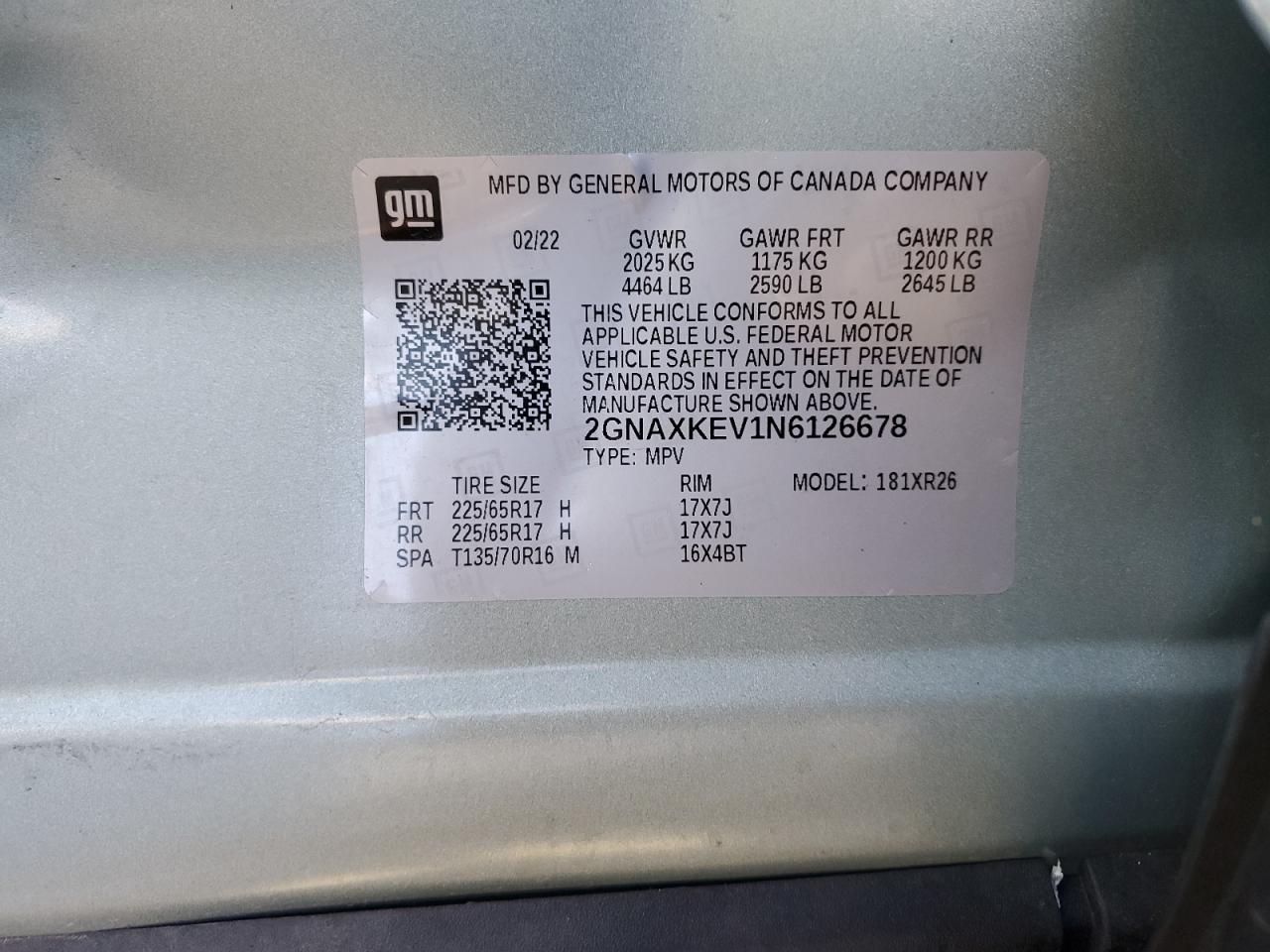 2022 CHEVROLET EQUINOX LT VIN:2GNAXKEV1N6126678