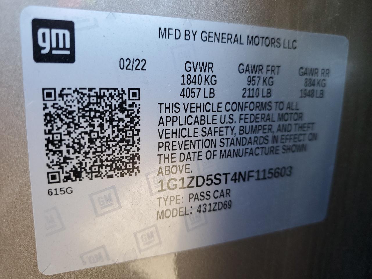 2022 CHEVROLET MALIBU LT VIN:1G1ZD5ST4NF115603