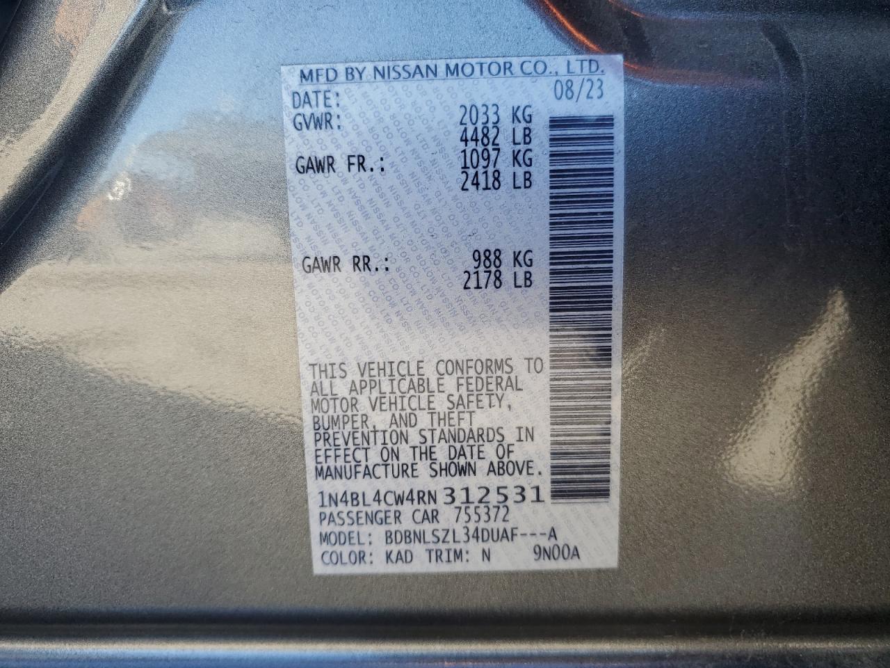 2024 NISSAN ALTIMA SR VIN:1N4BL4CW4RN312531