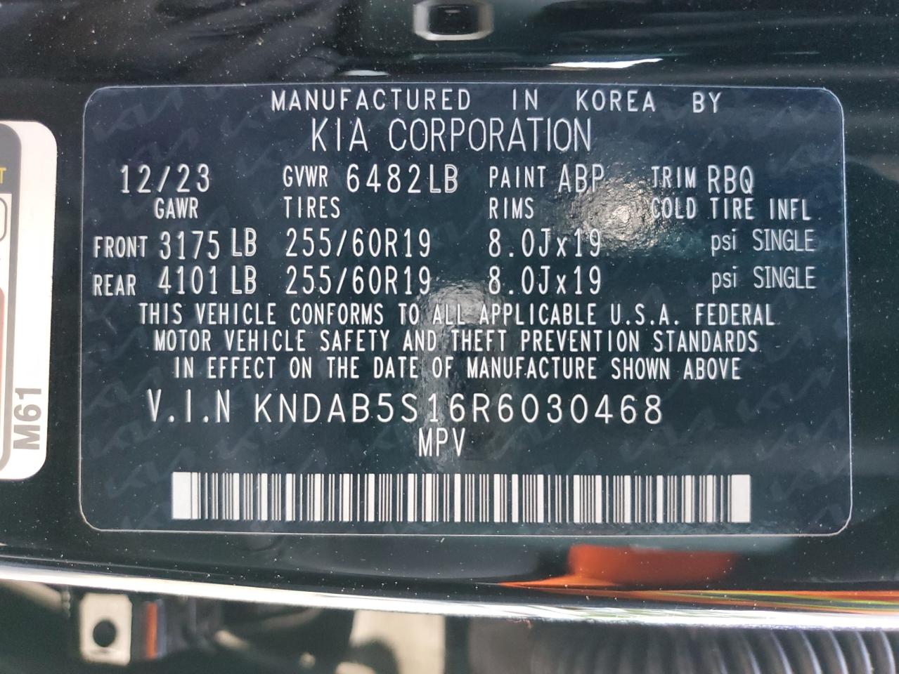 2024 KIA EV9 LIGHT VIN:KNDAB5S16R6030468