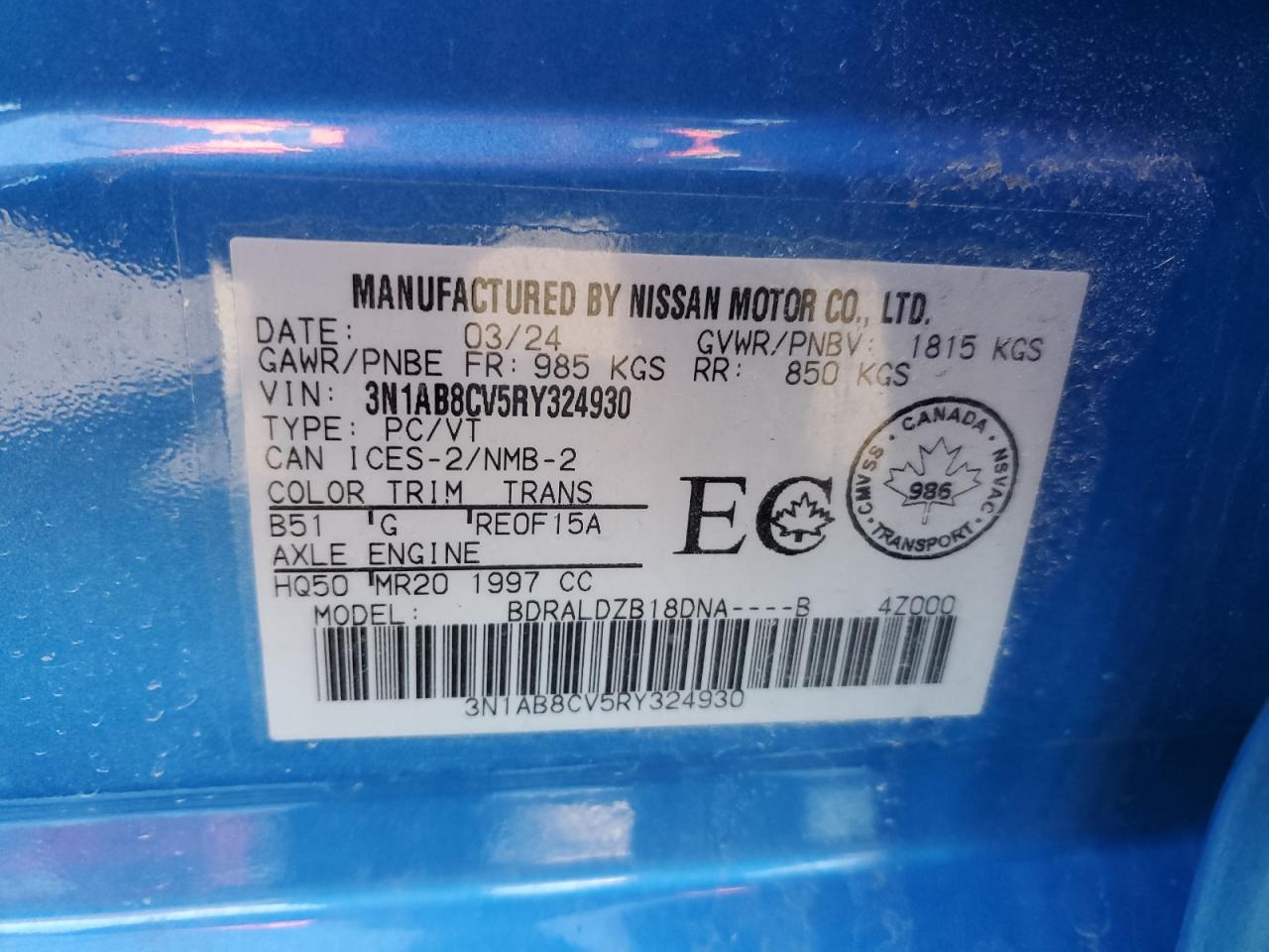2024 NISSAN SENTRA SV VIN:3N1AB8CV5RY324930