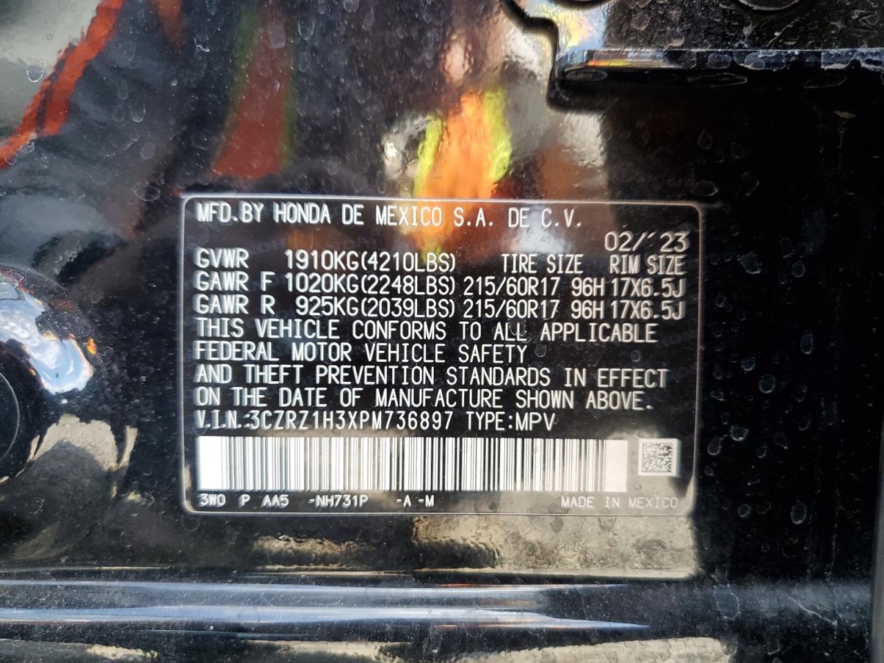 2023 HONDA HR-V LX VIN:3CZRZ1H3XPM736897