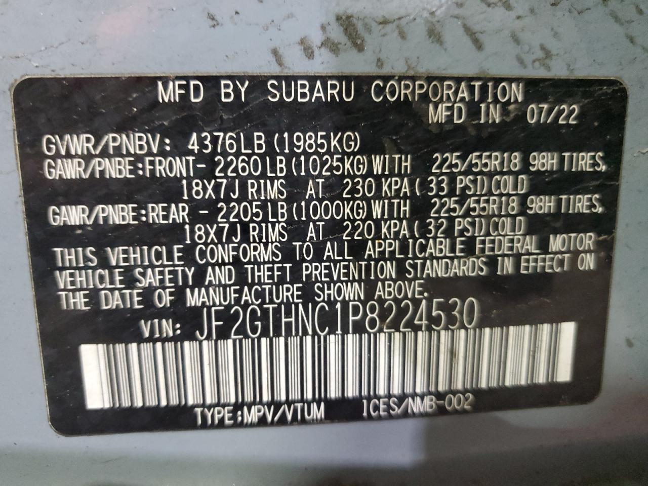 2023 SUBARU CROSSTREK LIMITED VIN:JF2GTHNC1P8224530