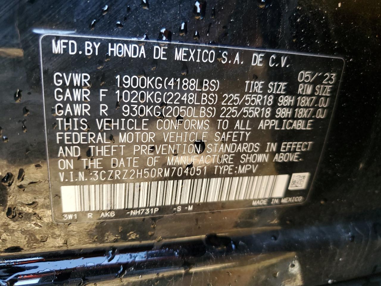 2024 HONDA HR-V SPORT VIN:3CZRZ2H50RM704051