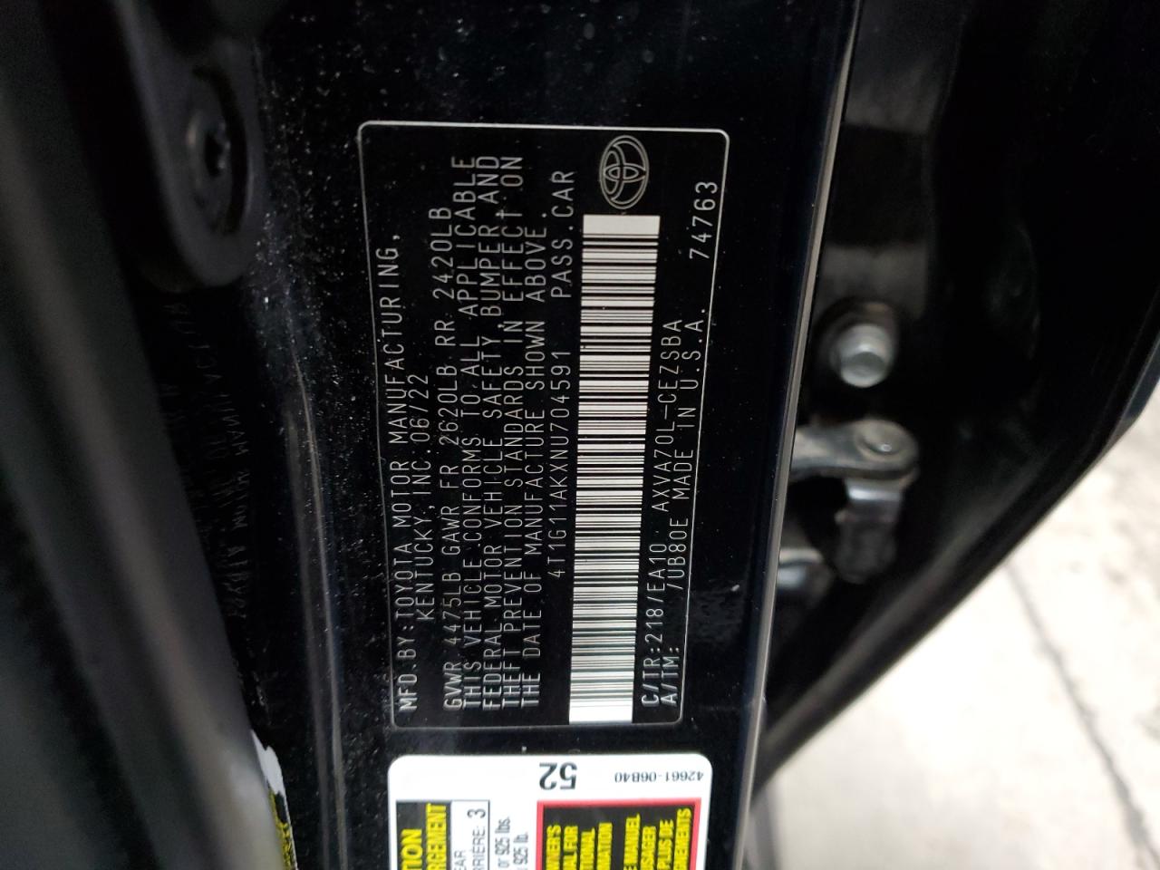 2022 TOYOTA CAMRY SE VIN:4T1G11AKXNU704591