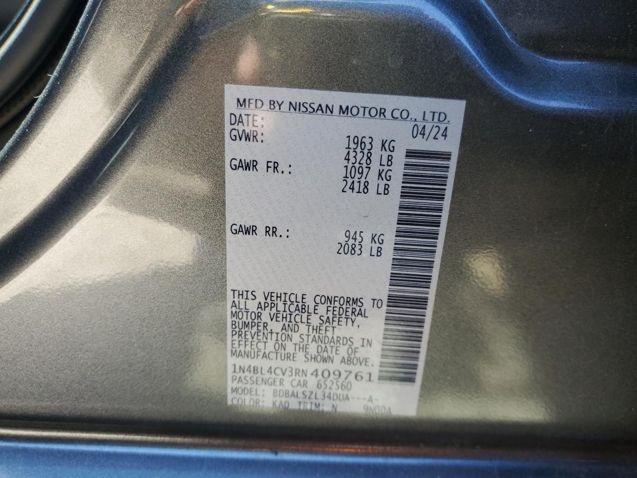 2024 NISSAN ALTIMA SR VIN:1N4BL4CV3RN409761