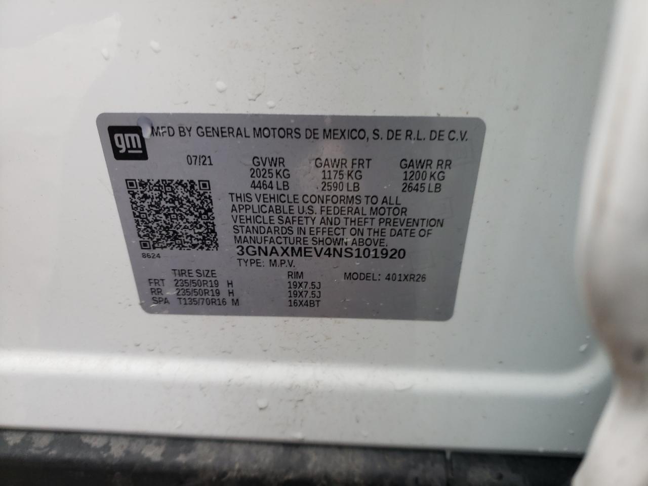 2022 CHEVROLET EQUINOX RS VIN:3GNAXMEV4NS101920