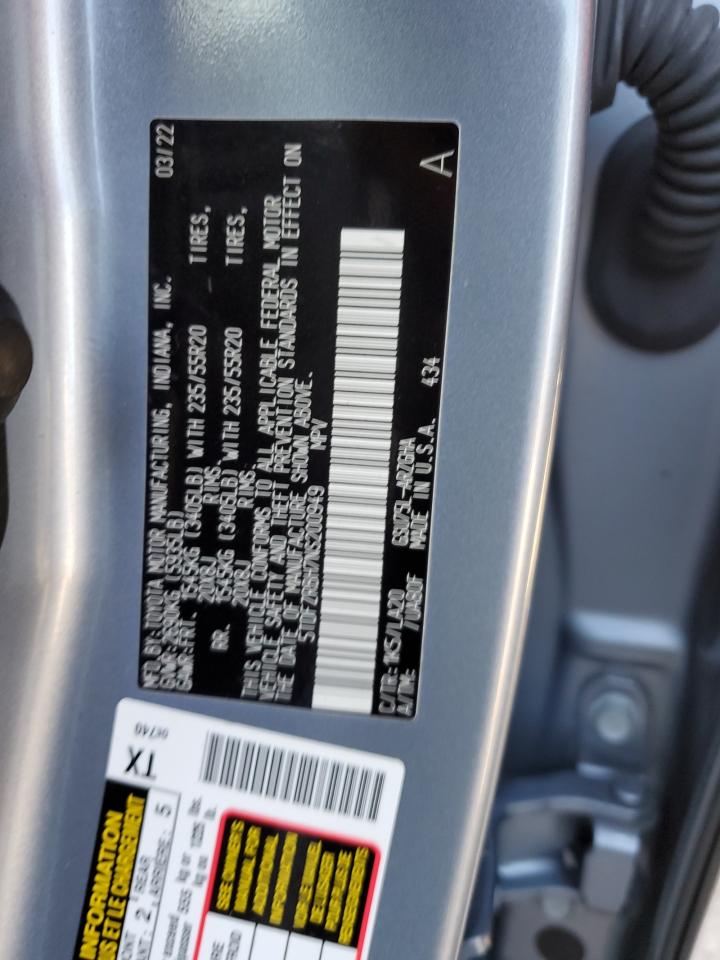 2022 TOYOTA HIGHLANDER PLATINUM VIN:5TDFZRBH7NS200949